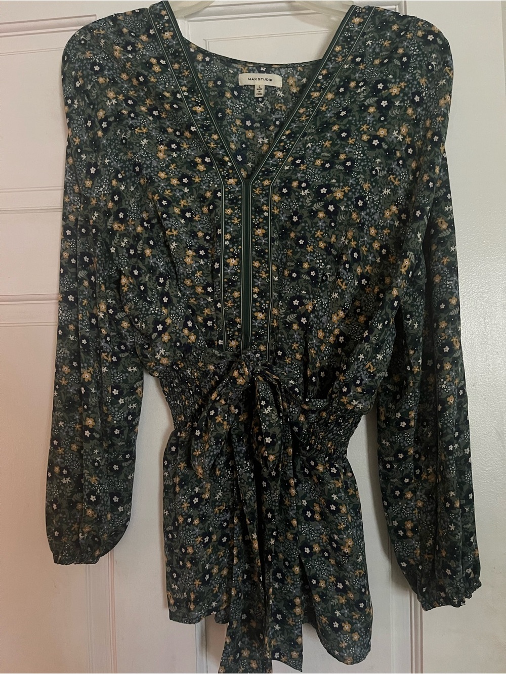 Max Studio Green Floral Blouse with Yellow & Navy Accents